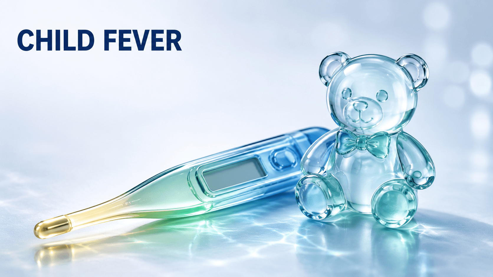 A glass thermometer beside a small glass teddy bear, illustrating when a child's fever needs a doctor rather than waiting until morning
