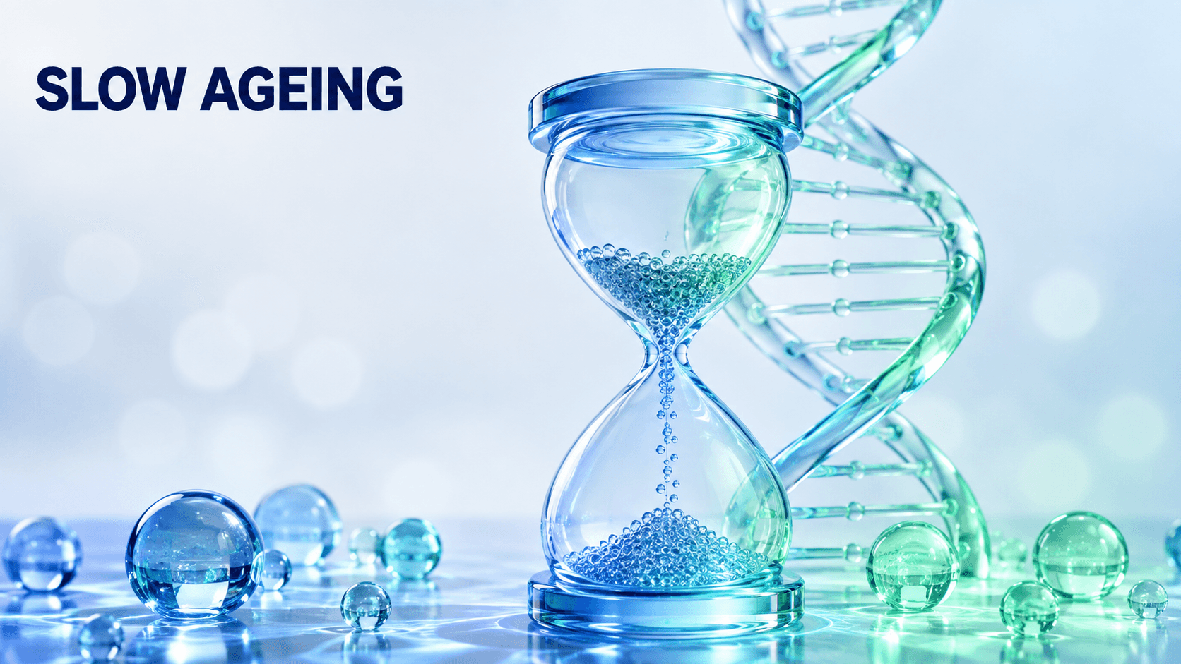 A glass hourglass whose falling sand is a slow stream of spheres, with a DNA helix rising behind it, illustrating what actually slows biological ageing